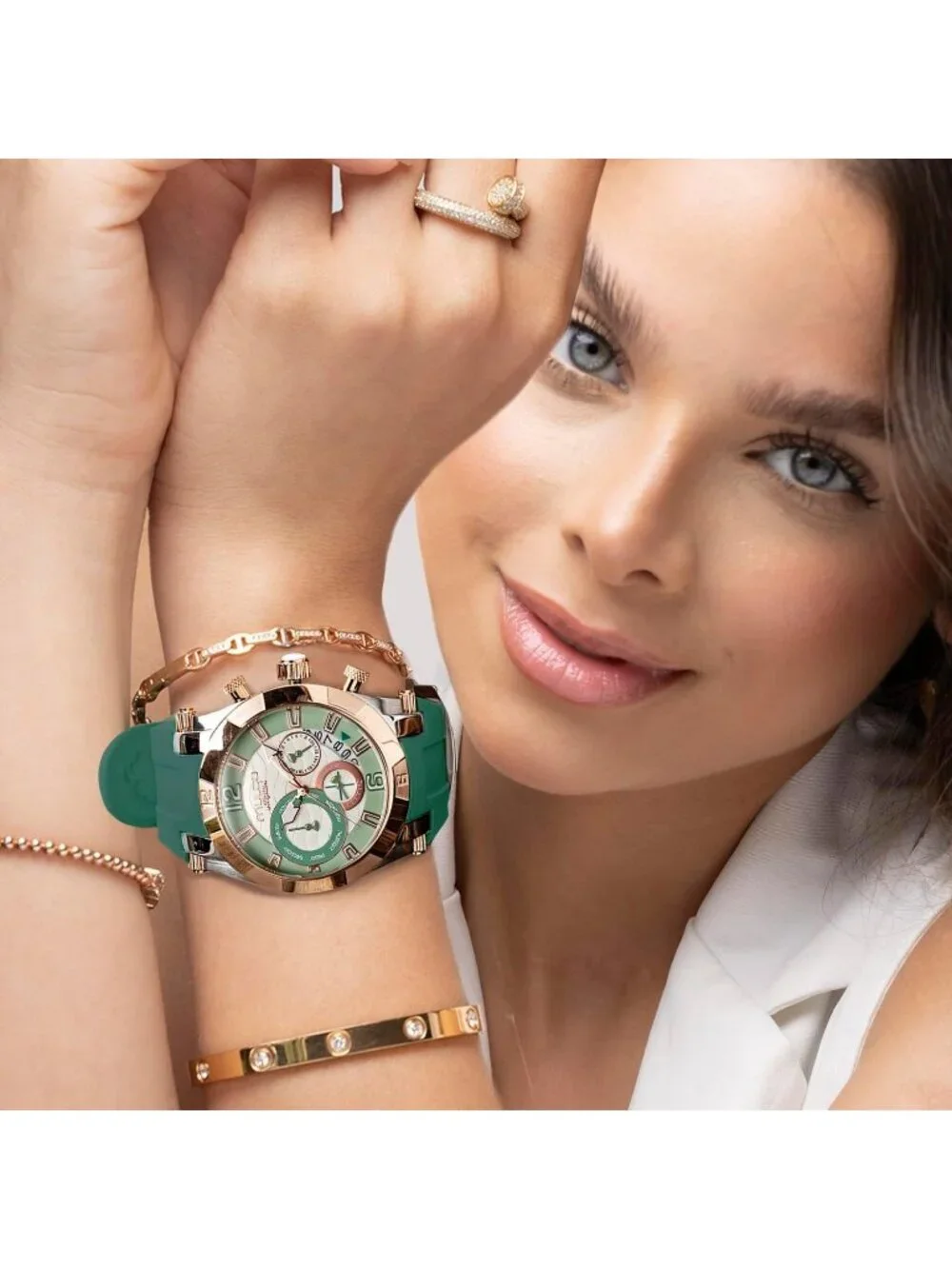 Women's Green Rose Gold Large Face Waterproof Stainless Steel Quartz Watches